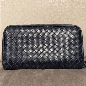 Authentic Bottega Veneta Navy Woven Leather Wallet
